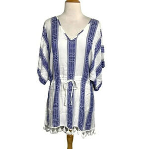 Blue Island‎ S blue & white boho v-neck cover up with tassels Nautical Beachy